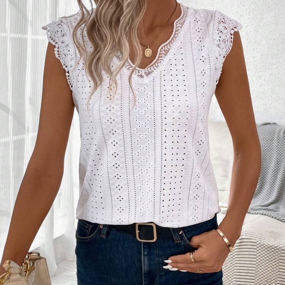 New V neck White Eyelet Lace Cap Sleeve Top